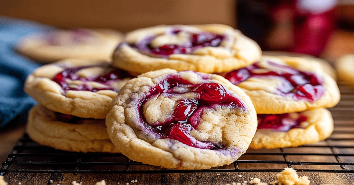 Freshly baked cherry cheesecake swirl cookies cooling on a wire rack with visible cherry filling and golden cookie edges