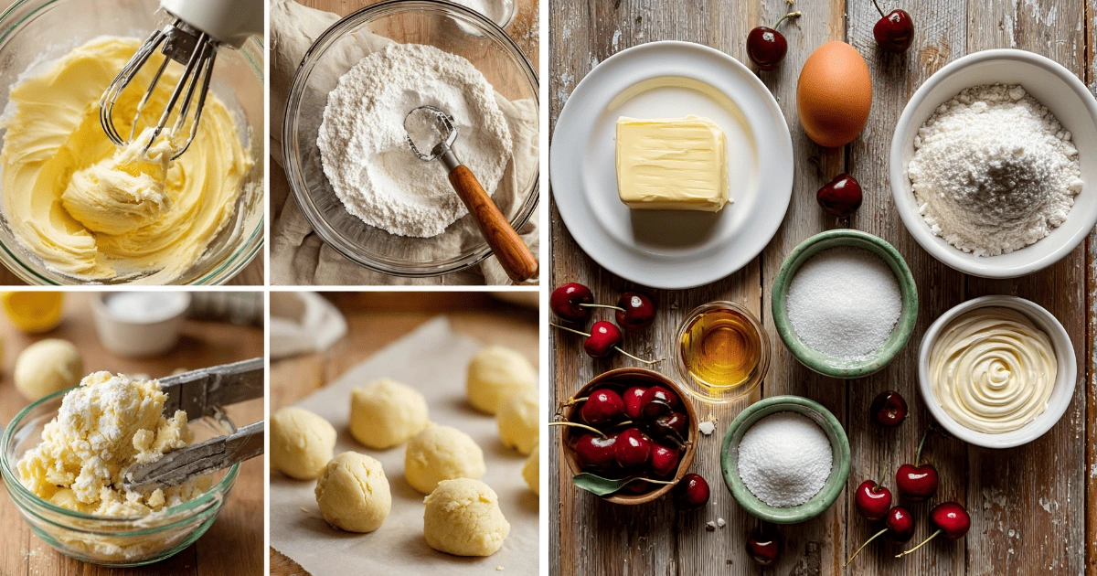 Step-by-step preparation of cherry cheesecake swirl cookies with ingredients and cookie dough balls ready for baking
