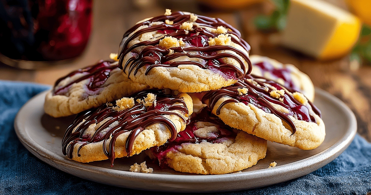 Cherry cheesecake swirl cookies topped with rich chocolate drizzle and golden crumble on a ceramic plate