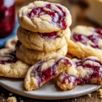 Stack of cherry cheesecake swirl cookies on plate with one broken open to reveal cherry filling