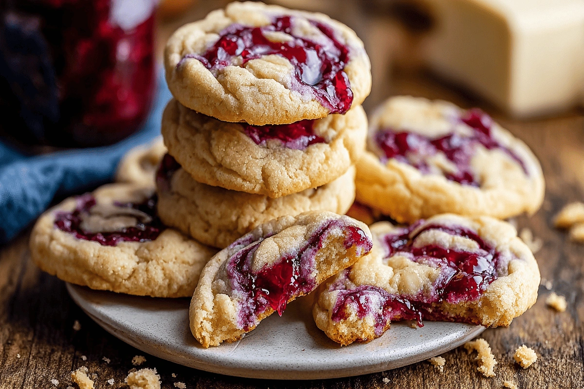 Stack of cherry cheesecake swirl cookies on plate with one broken open to reveal cherry filling