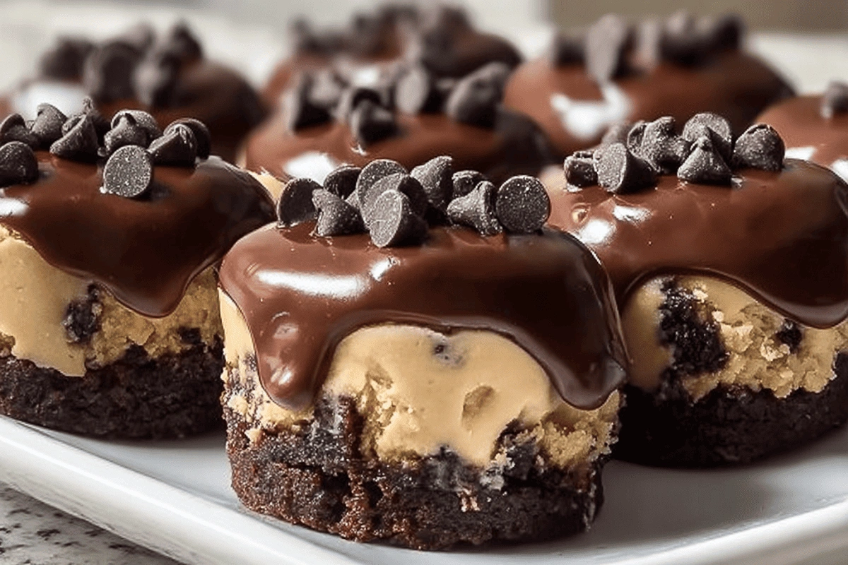 close-up of chocolate chip cookie dough brownie bites with fudgy brownie base, edible cookie dough layer, and glossy chocolate ganache topped with mini chocolate chips