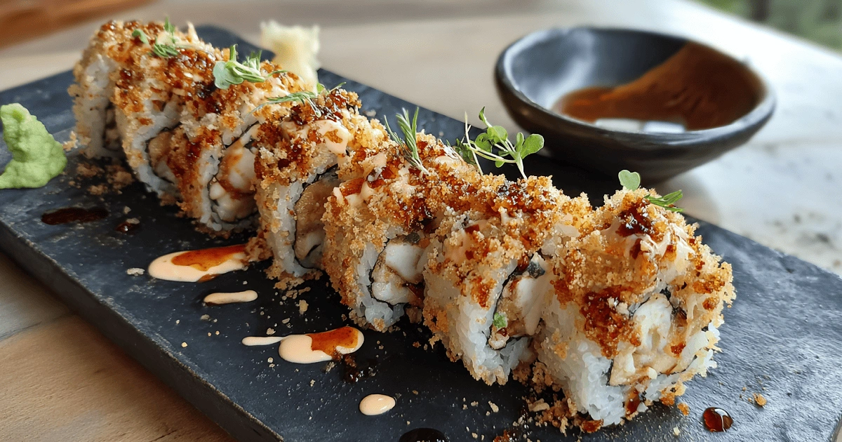 Crispy homemade California Crunch Roll Sushi with panko topping, spicy mayo, and eel sauce served on a black slate plate