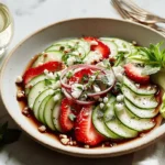 Cucumber strawberry salad with avocado, feta, and mint served as a light appetizer