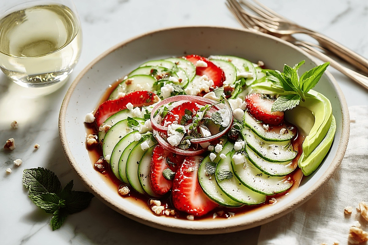 Cucumber strawberry salad with avocado, feta, and mint served as a light appetizer