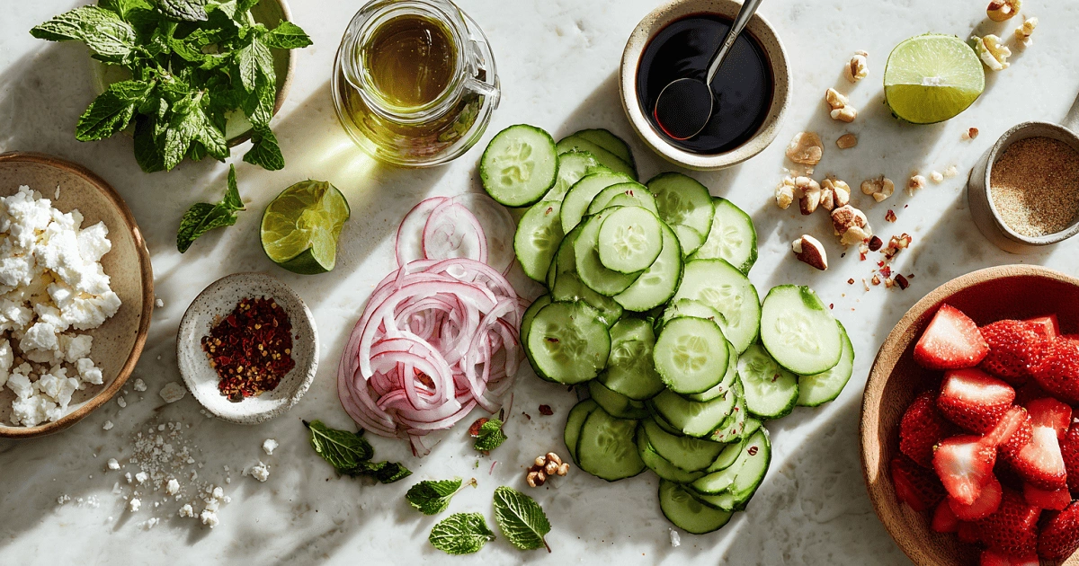 Fresh ingredients for cucumber strawberry salad including cucumbers, strawberries, feta, mint, red onion, balsamic, lime, and olive oil