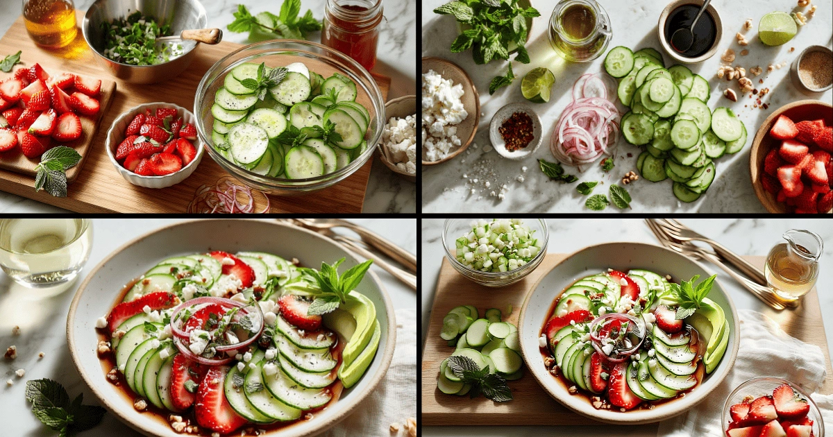 Step-by-step preparation of cucumber strawberry salad with ingredients, slicing, and plated final dish