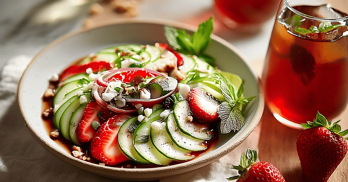 Cucumber strawberry salad served with grilled chicken and iced tea for a light summer meal