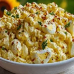 Deviled egg macaroni salad in a white bowl topped with paprika and herbs