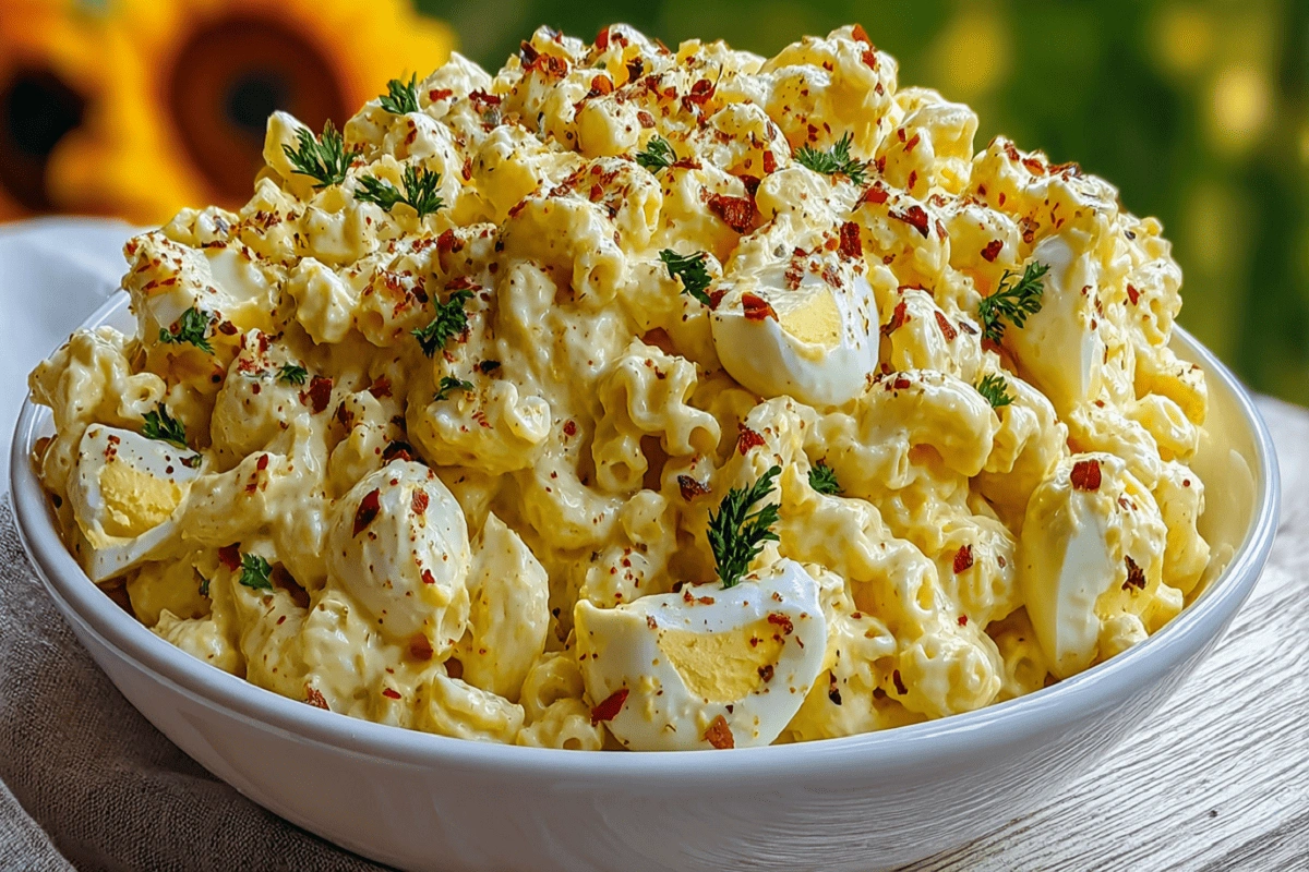 Deviled egg macaroni salad in a white bowl topped with paprika and herbs