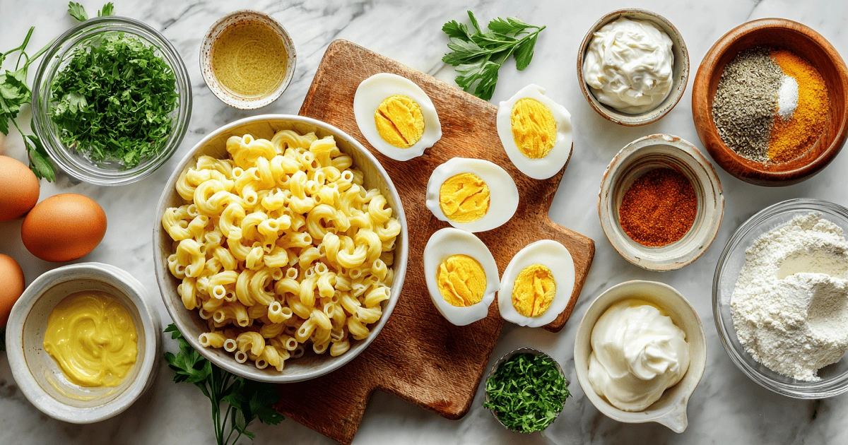 Ingredients for deviled egg macaroni salad with pasta, boiled eggs, mayo, and spices