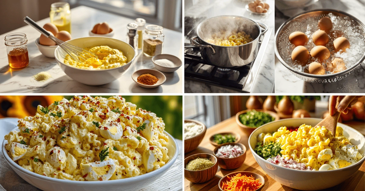 Step-by-step process of making deviled egg macaroni salad with pasta, boiled eggs, dressing, and fresh vegetables