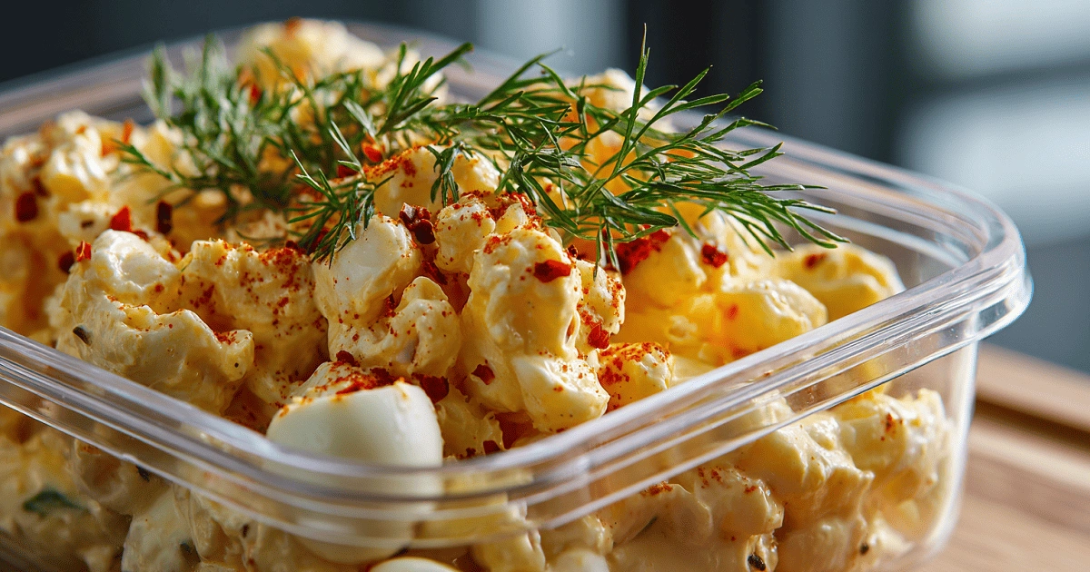 Deviled egg macaroni salad stored in an airtight container with dill garnish