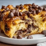 Close-up of Easy Chocolate Croissant Bake with melted chocolate and flaky layers