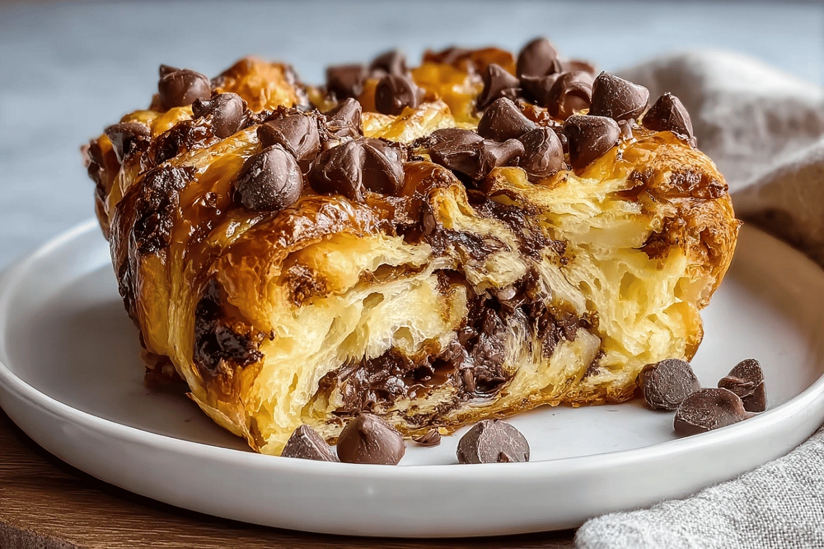 Close-up of Easy Chocolate Croissant Bake with melted chocolate and flaky layers