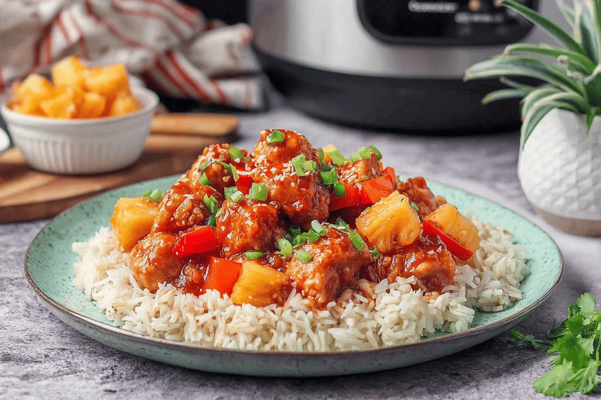 Easy Sweet Hawaiian Crockpot Chicken with pineapple, red bell peppers, and rice