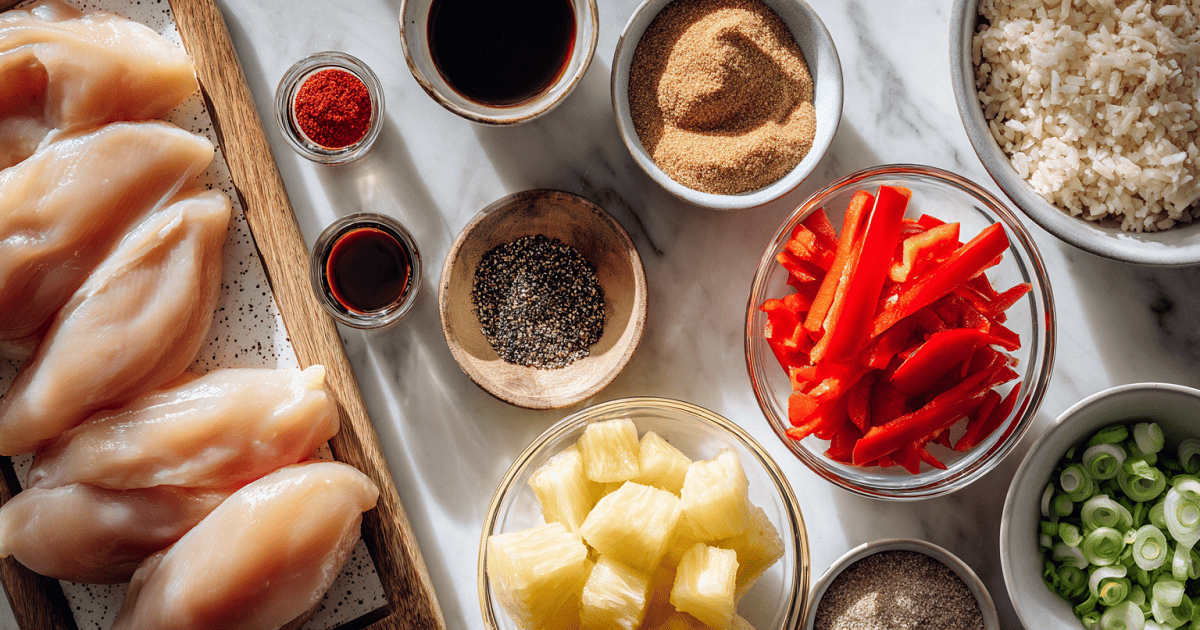 Fresh ingredients for Easy Sweet Hawaiian Crockpot Chicken including chicken breasts, pineapple chunks, red bell pepper, soy sauce, brown sugar, rice, and spices arranged on a marble surface.