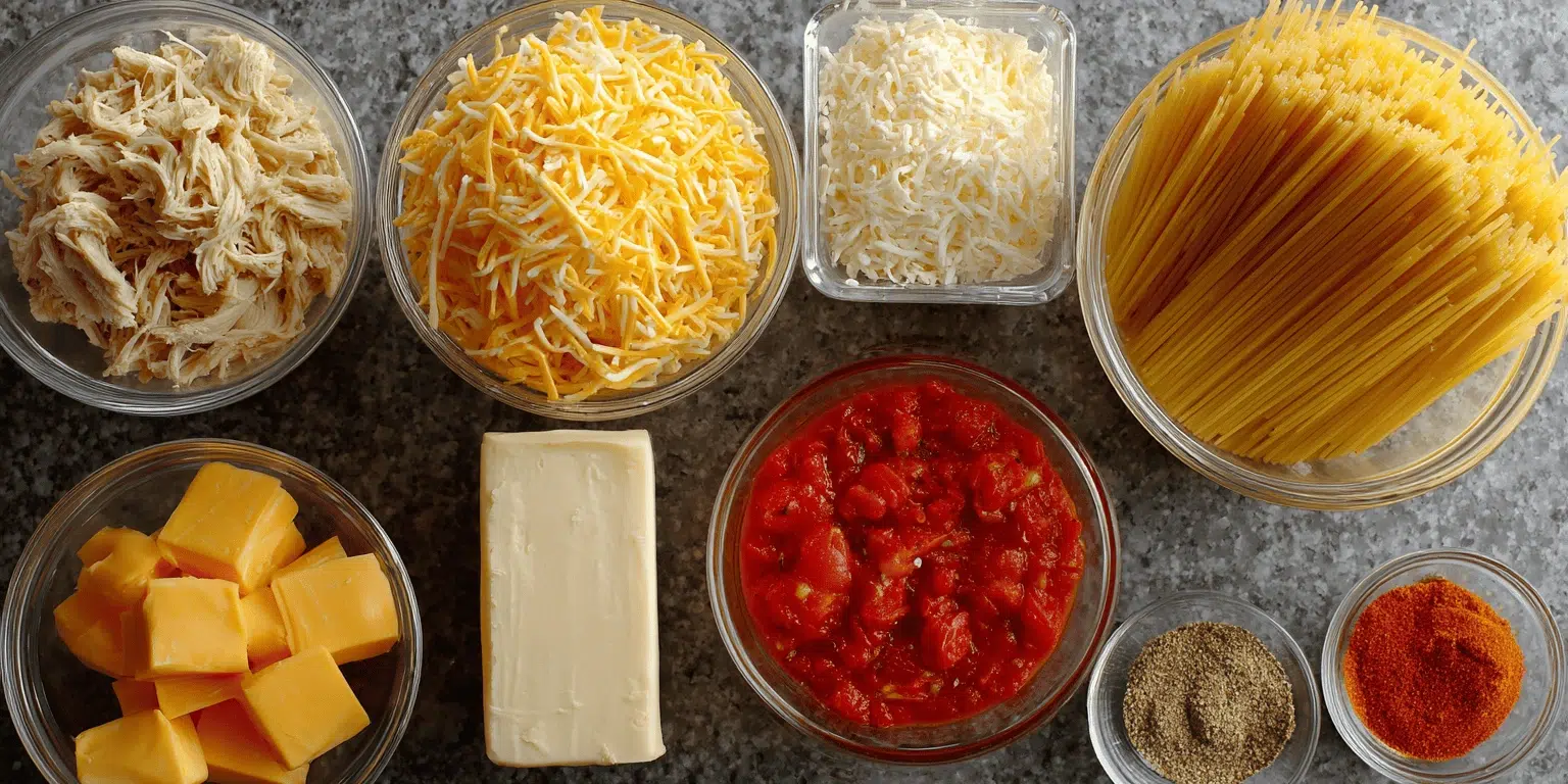 Essential ingredients for Irresistible Spicy Southern Chicken Spaghetti Casserole displayed on a gray countertop
