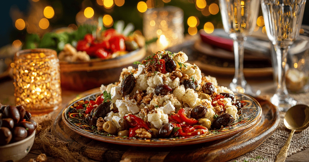 Sicilian cauliflower salad with roasted peppers, olives, feta, and walnuts served on a festive platter with holiday decor