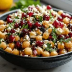 Feta & Cranberry Chickpeas with Lemon Vinaigrette salad topped with parsley and feta in a black bowl