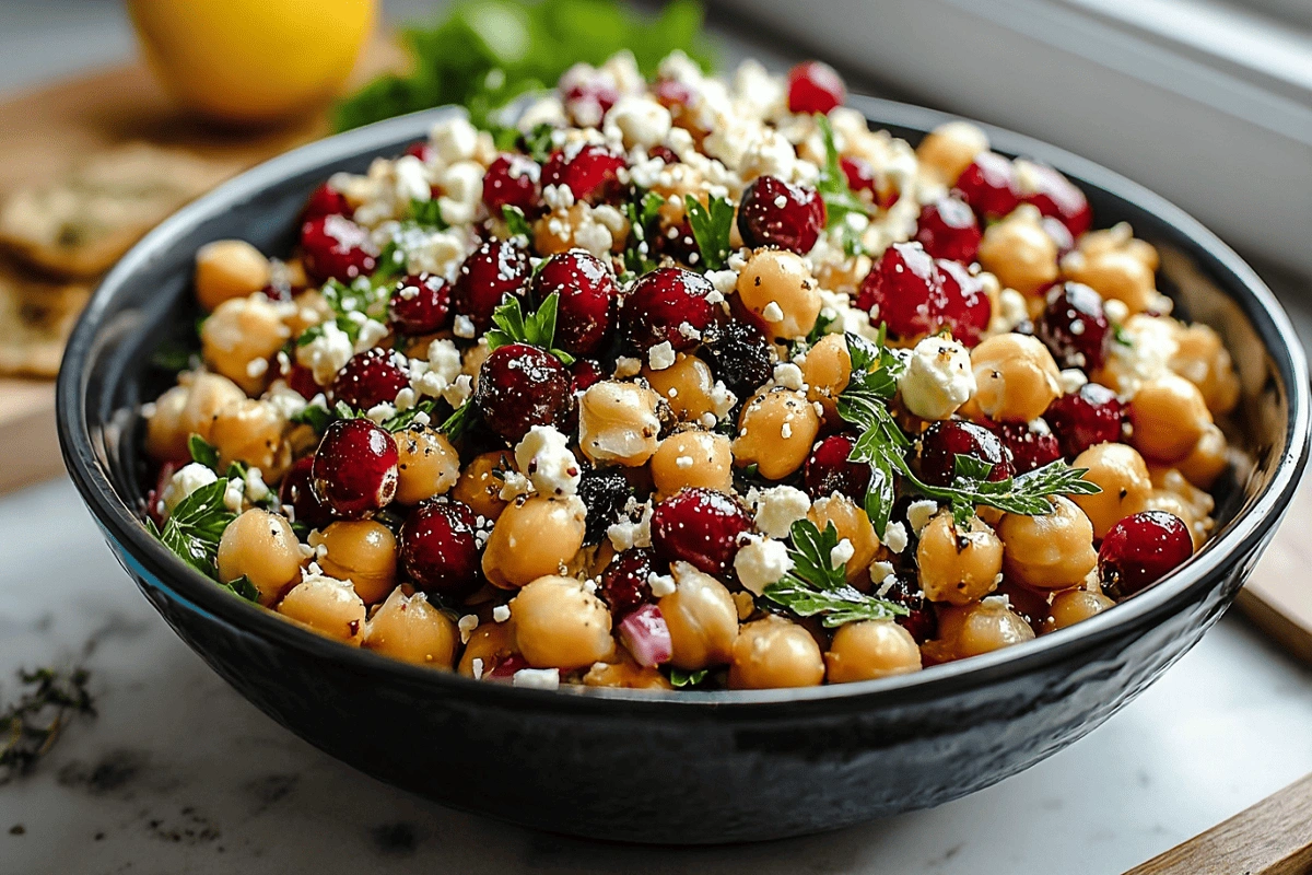Feta & Cranberry Chickpeas with Lemon Vinaigrette salad topped with parsley and feta in a black bowl