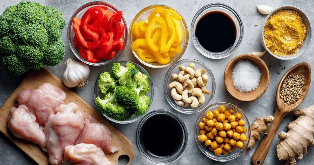 Raw chicken, broccoli, bell peppers, cashews, soy sauce, garlic, and spices arranged for sheet pan cashew chicken recipe