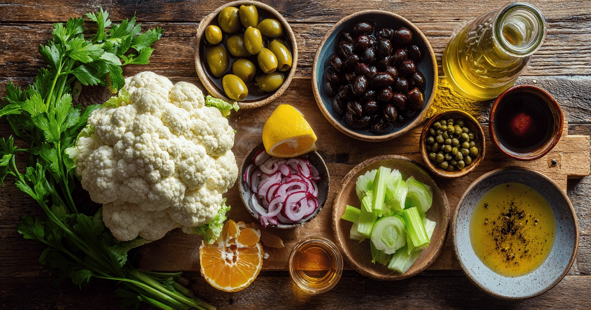 Flat lay of fresh ingredients for Sicilian cauliflower salad including cauliflower, olives, celery, capers, red onion, lemon, and olive oil