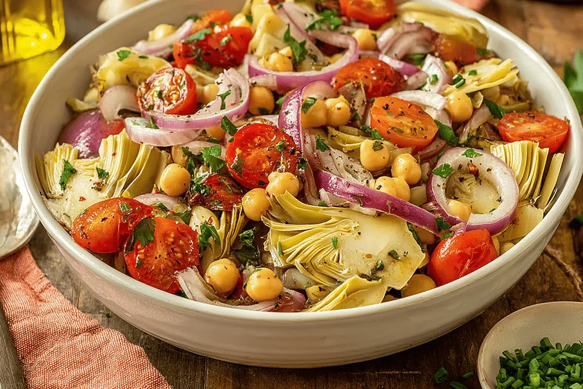 Close-up of Tuscan artichoke tomato salad with cherry tomatoes, chickpeas, red onions, herbs, and vinaigrette in a white bowl on a rustic wood surface