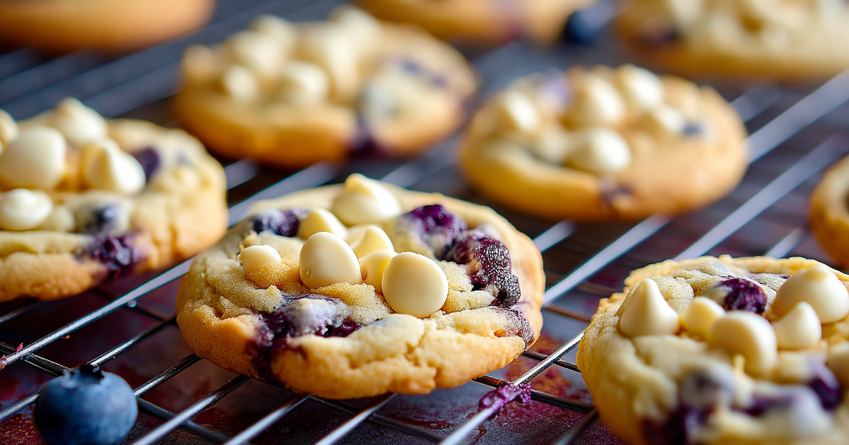 Freshly baked blueberry white chocolate chip cookies cooling on a wire rack with melted white chocolate chips and juicy blueberries