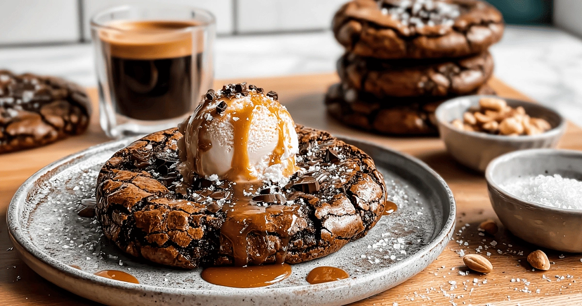Fudgy Chewy Brookies – 7 Secrets for the BEST Bake Ever 9 Fudgy chewy brookie topped with vanilla ice cream, caramel drizzle, and chocolate shavings.