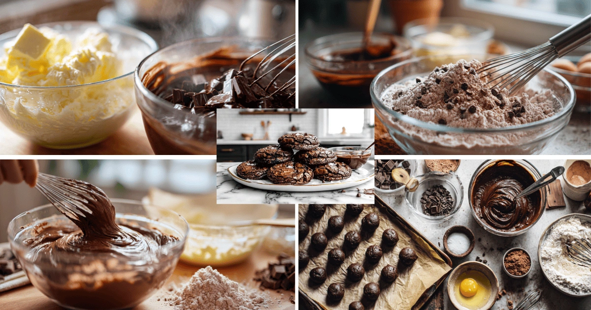 Fudgy Chewy Brookies – 7 Secrets for the BEST Bake Ever 8 Step-by-step process of making fudgy chewy brookies including mixing chocolate, whipping butter, folding flour, and baking.