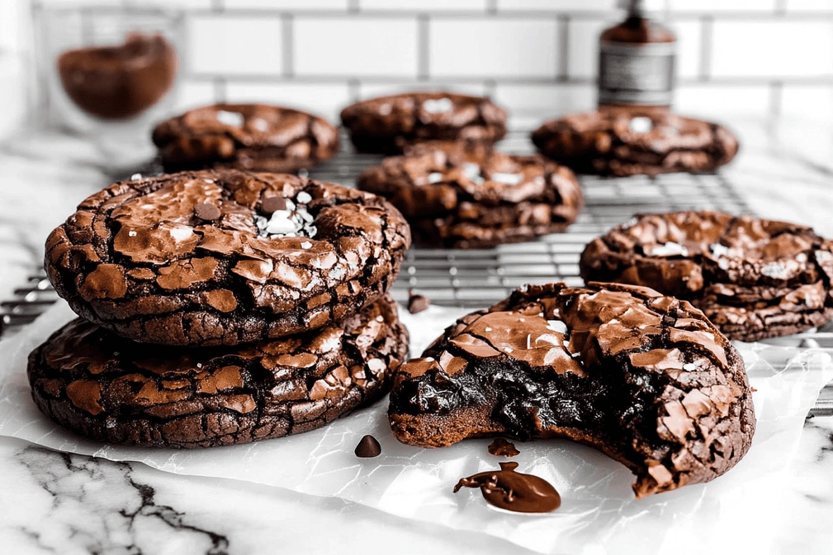 Fudgy chewy brookies stacked with crackly tops and gooey chocolate center