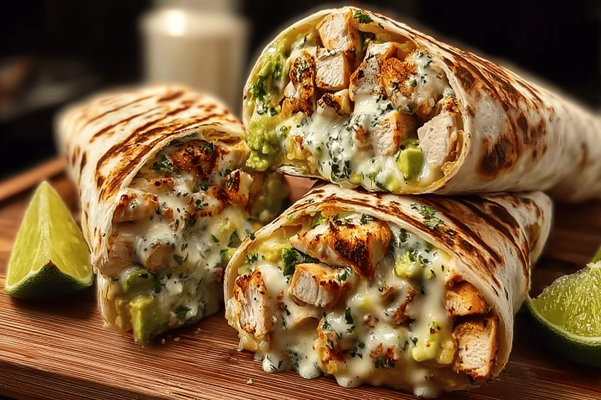 grilled chicken avocado burrito with melted cheese and lime