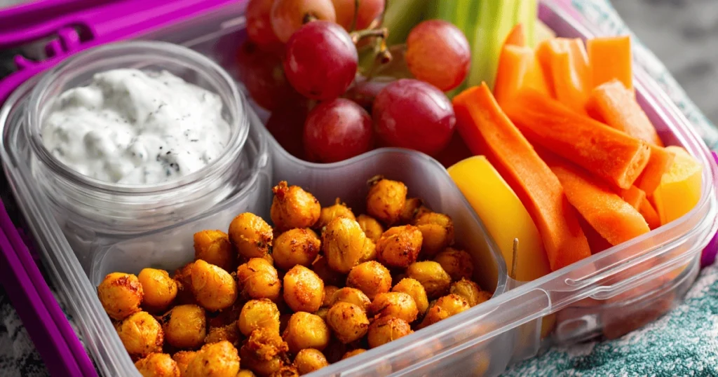Healthy snacks for kids lunches with roasted chickpeas, yogurt dip, grapes, and carrot sticks in a lunchbox