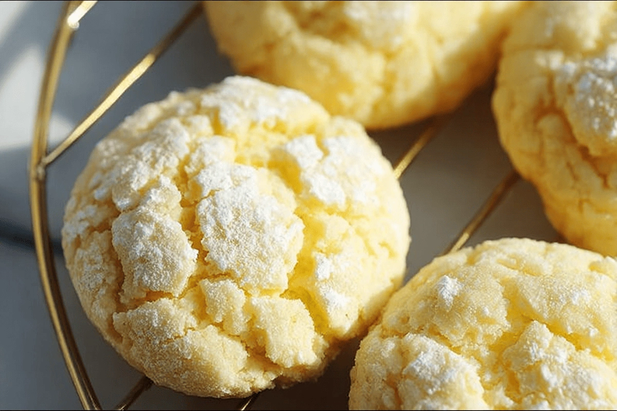 soft heavenly lemon cookies with powdered sugar crinkle on a cooling rack