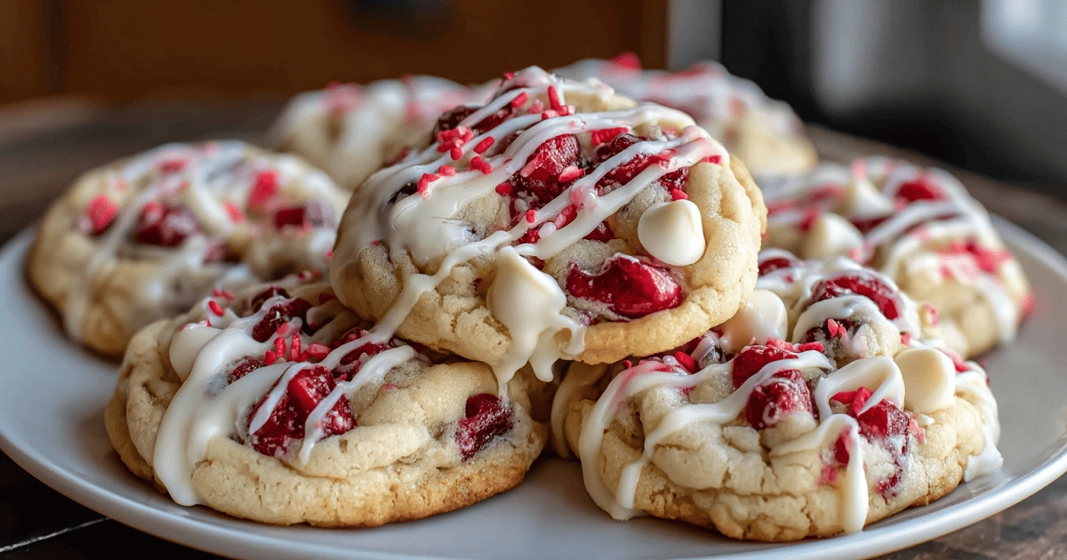 Maraschino Cherry Chocolate Chip Cookies – The Best Festive Pink Treat (2025) 9 Festive maraschino cherry chocolate chip cookies topped with white chocolate drizzle and red sprinkles