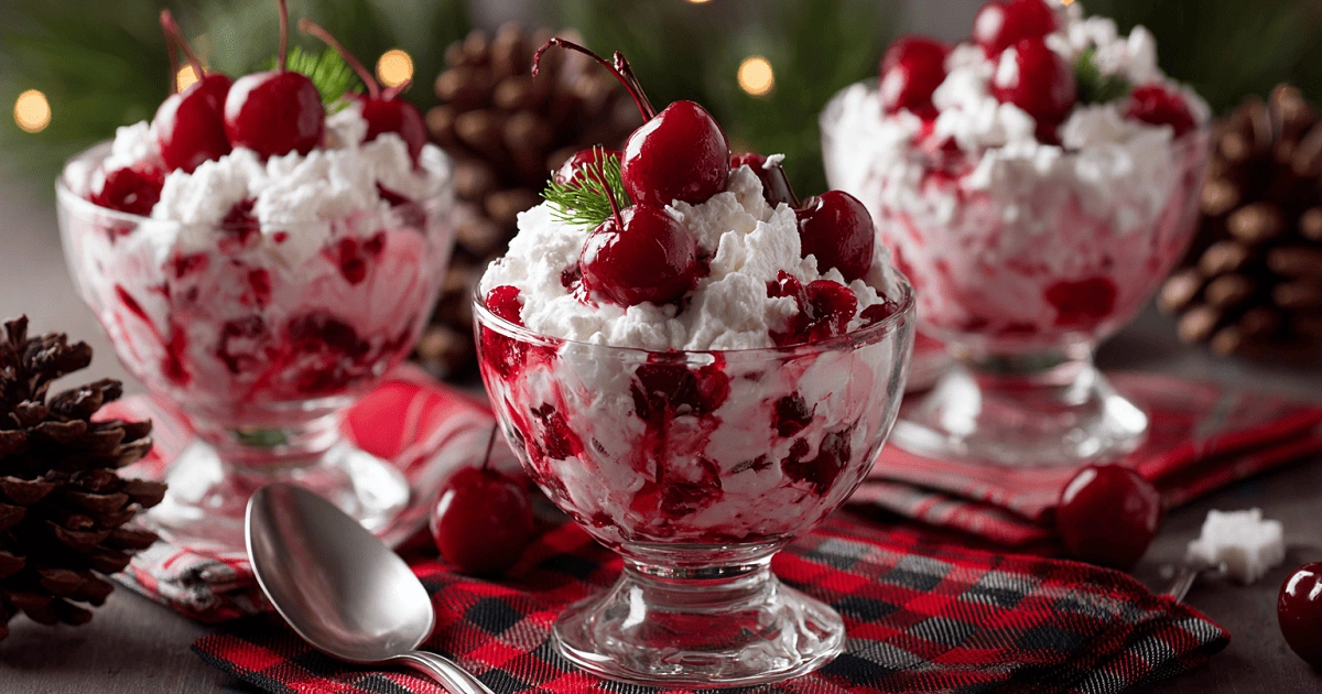 sugar-free cherry fluff dessert cups served for the holidays with fresh cherries and whipped cream