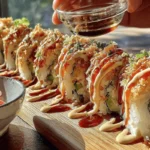Homemade California Crunch Roll Sushi topped with spicy mayo, eel sauce, and panko on a wooden board