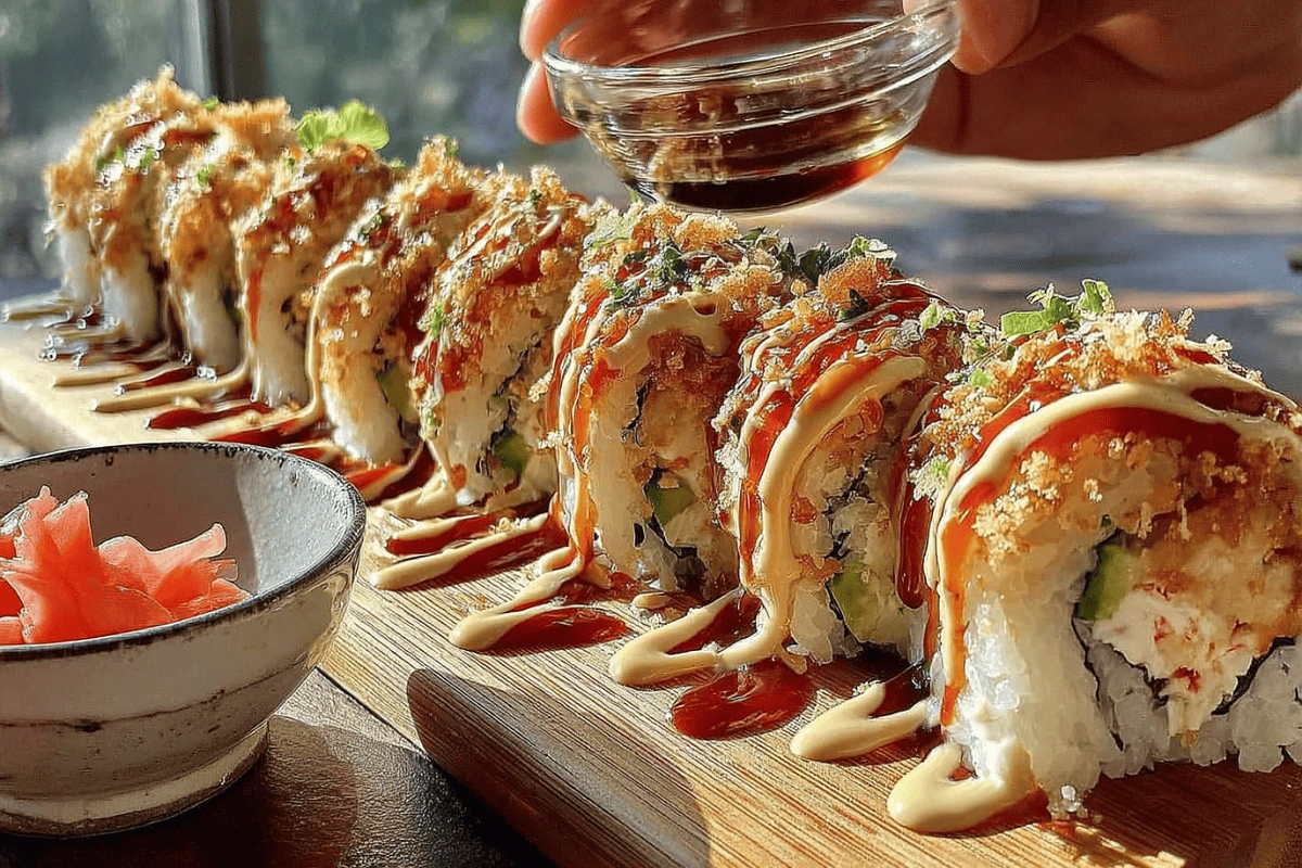 Homemade California Crunch Roll Sushi topped with spicy mayo, eel sauce, and panko on a wooden board