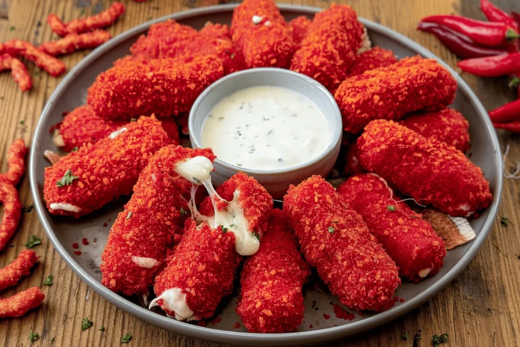 Hot Cheeto Mozzarella Sticks on platter with ranch dip and cheese pull