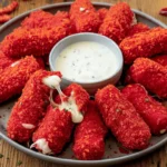 Hot Cheeto Mozzarella Sticks on platter with ranch dip and cheese pull
