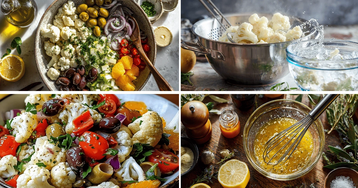 Step-by-step collage showing how to prepare Sicilian Cauliflower Salad with cauliflower blanching, vinaigrette whisking, fresh ingredients, and fully assembled salad