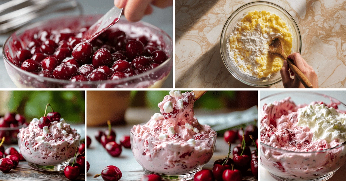 step by step making sugar-free cherry fluff with cherries, pineapple, and whipped topping in bowls