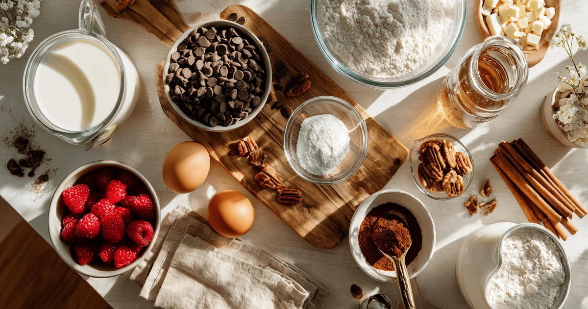 Flat lay of ingredients for Easy Chocolate Croissant Bake including chocolate chips, milk, eggs, raspberries, and flour