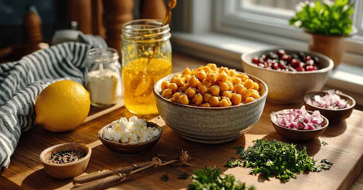 Chickpeas, feta, lemon, cranberries, red onion, parsley, and lemon vinaigrette ingredients arranged on a wooden table