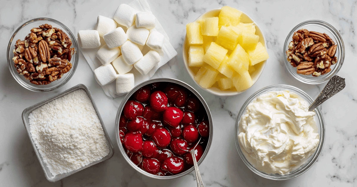 ingredients for sugar-free cherry fluff including cherries, pineapple, marshmallows, whipped topping, pudding mix, and pecans