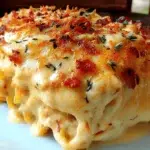 Irresistible Spicy Southern Chicken Spaghetti Casserole baked with melted cheese and crispy bacon topping