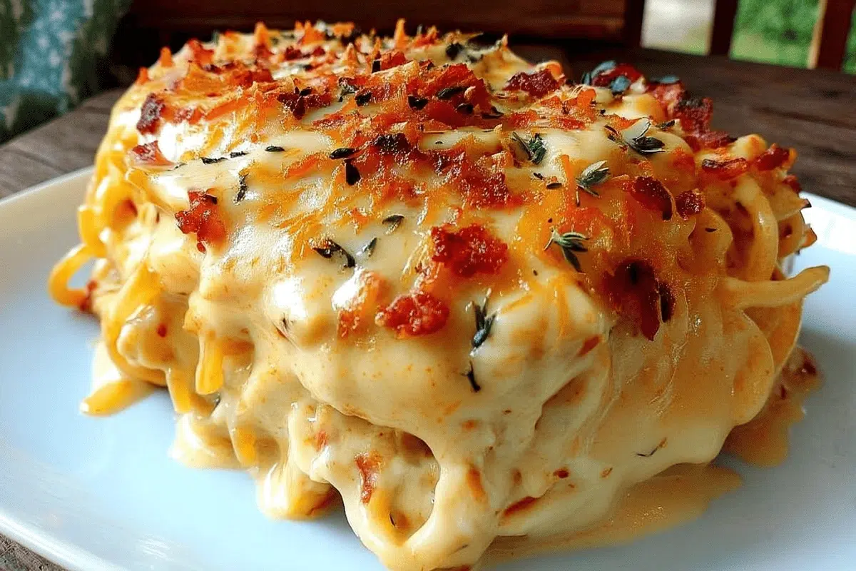 Irresistible Spicy Southern Chicken Spaghetti Casserole baked with melted cheese and crispy bacon topping