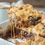 Gooey Knock You Naked Bars with caramel and chocolate chip layers in a white baking dish