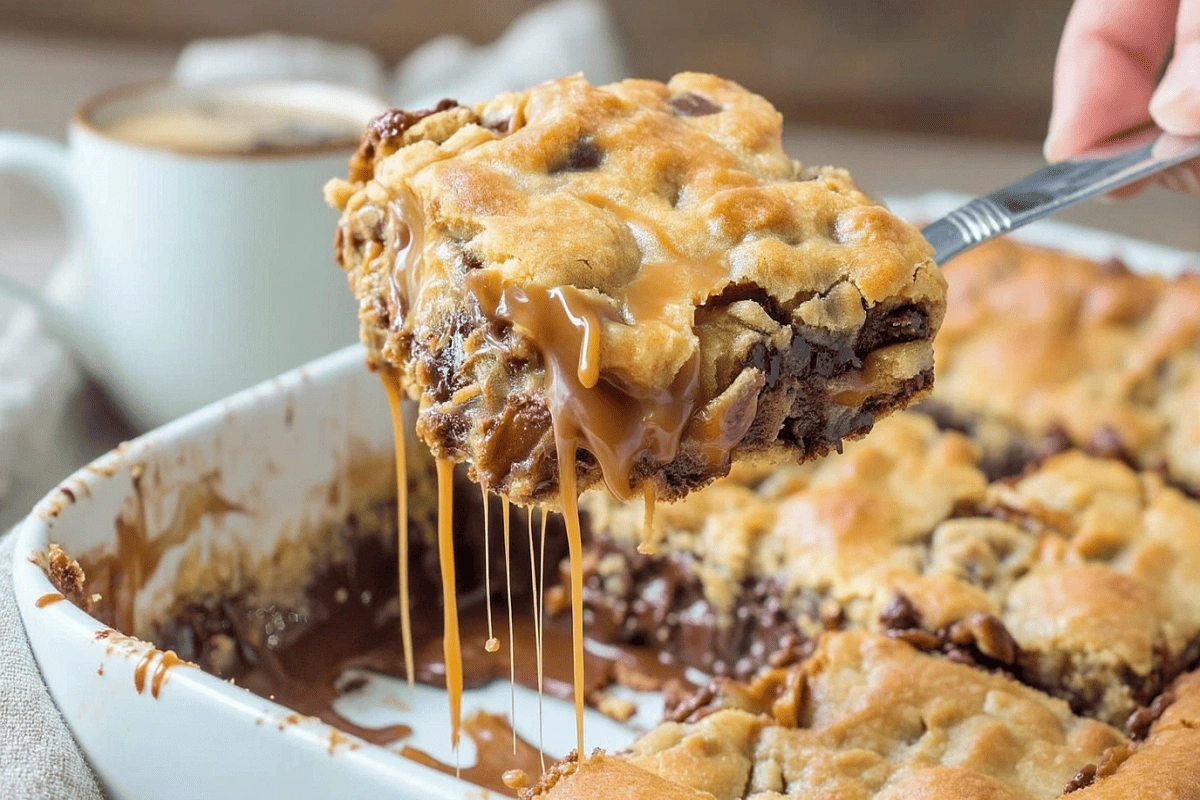 Gooey Knock You Naked Bars with caramel and chocolate chip layers in a white baking dish